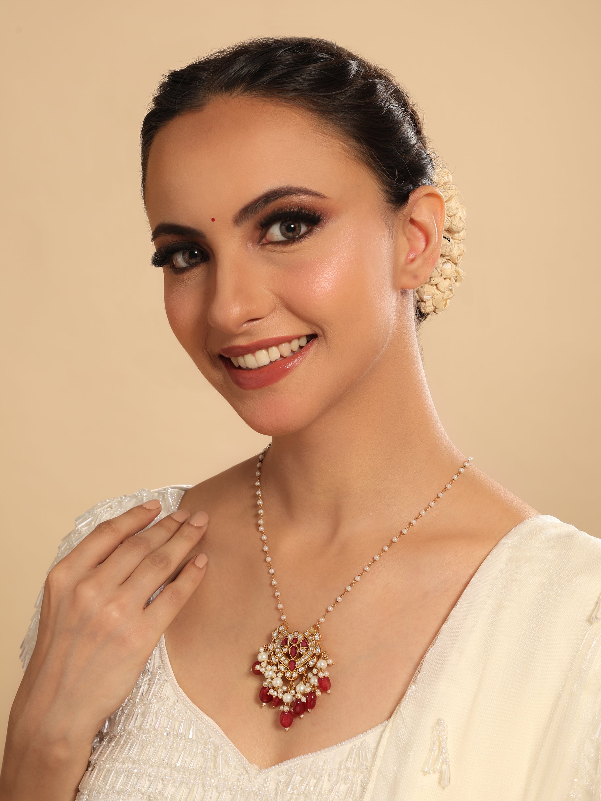 22K Gold Plated Arc Kundan Ruby Drops Necklace