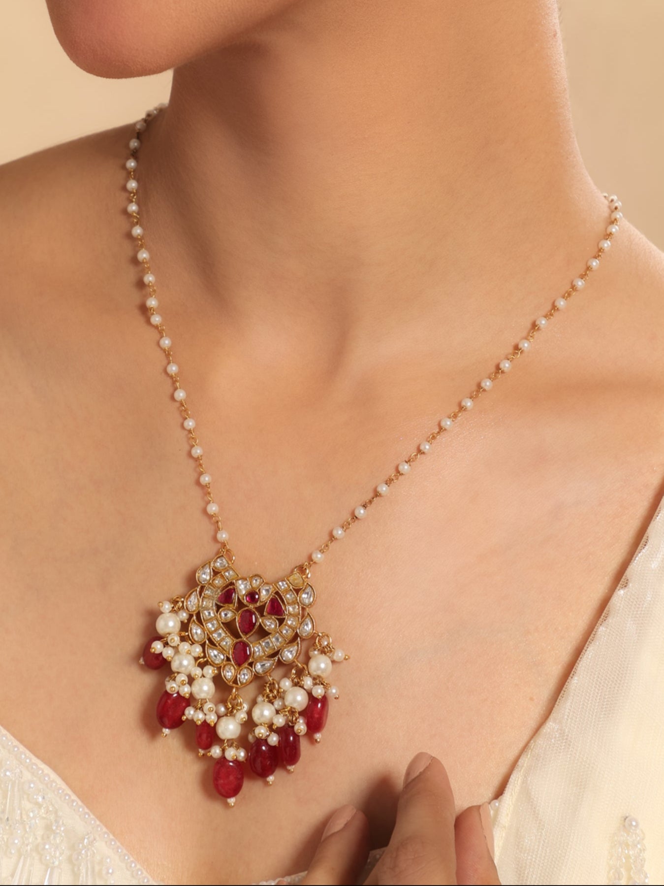 22K Gold Plated Arc Kundan Ruby Drops Necklace
