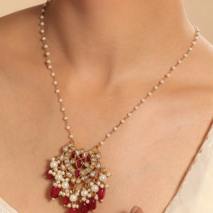 22K Gold Plated Arc Kundan Ruby Drops Necklace