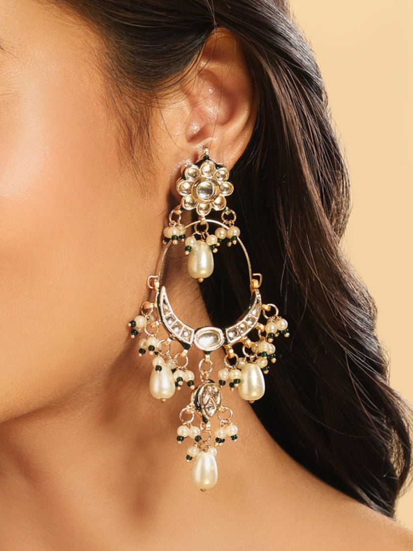22K Gold Plated Crescent Kundan Drop Pearl Chandbali Earrings