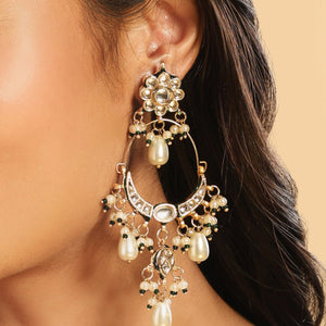22K Gold Plated Crescent Kundan Drop Pearl Chandbali Earrings