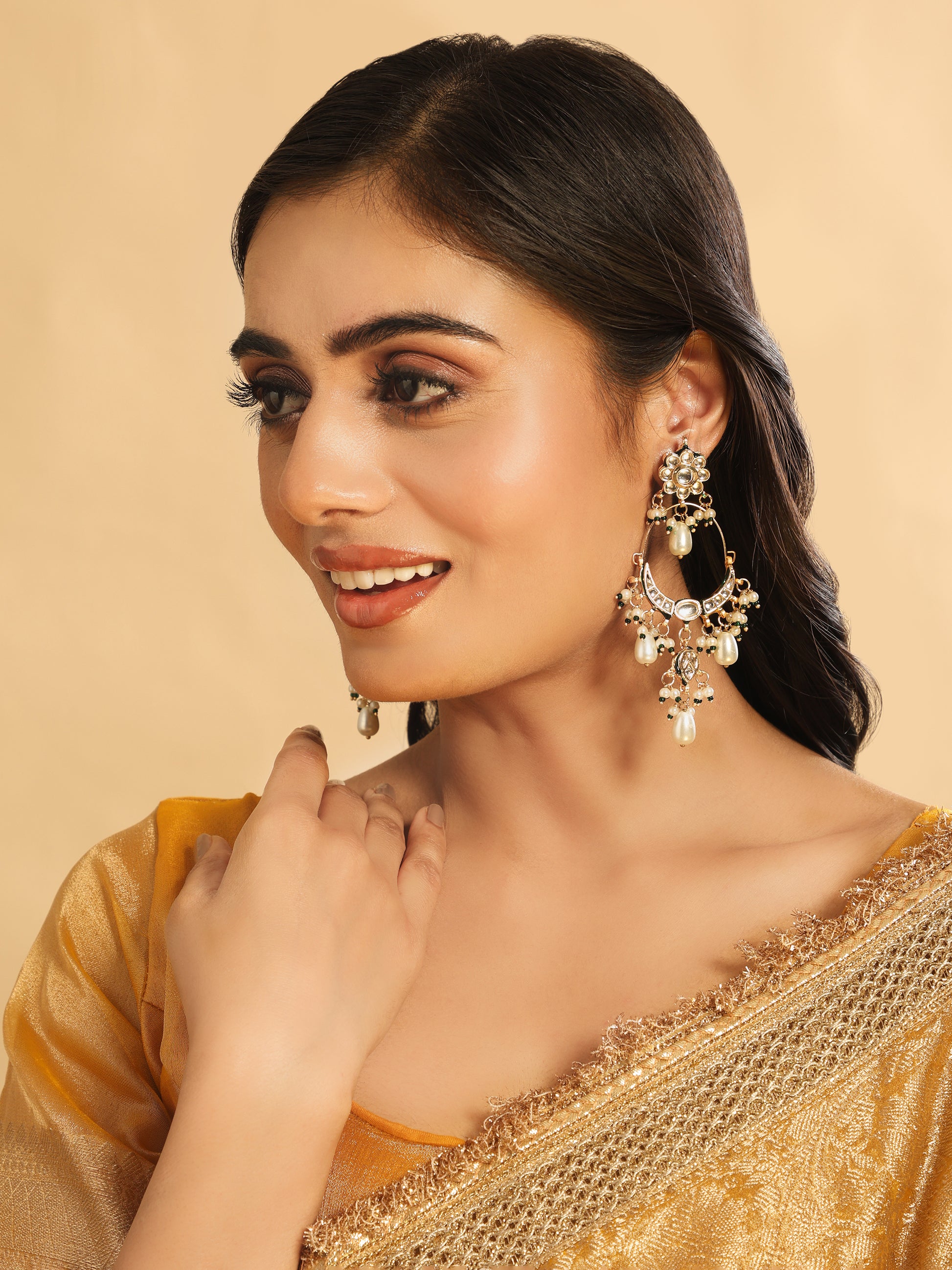 22K Gold Plated Crescent Kundan Drop Pearl Chandbali Earrings