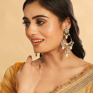22K Gold Plated Crescent Kundan Drop Pearl Chandbali Earrings