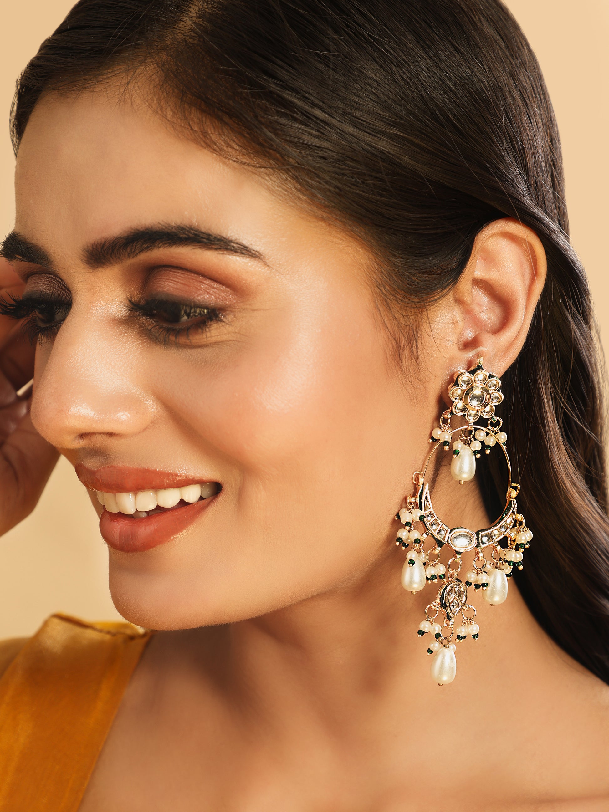 22K Gold Plated Crescent Kundan Drop Pearl Chandbali Earrings
