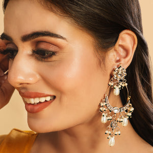 22K Gold Plated Crescent Kundan Drop Pearl Chandbali Earrings