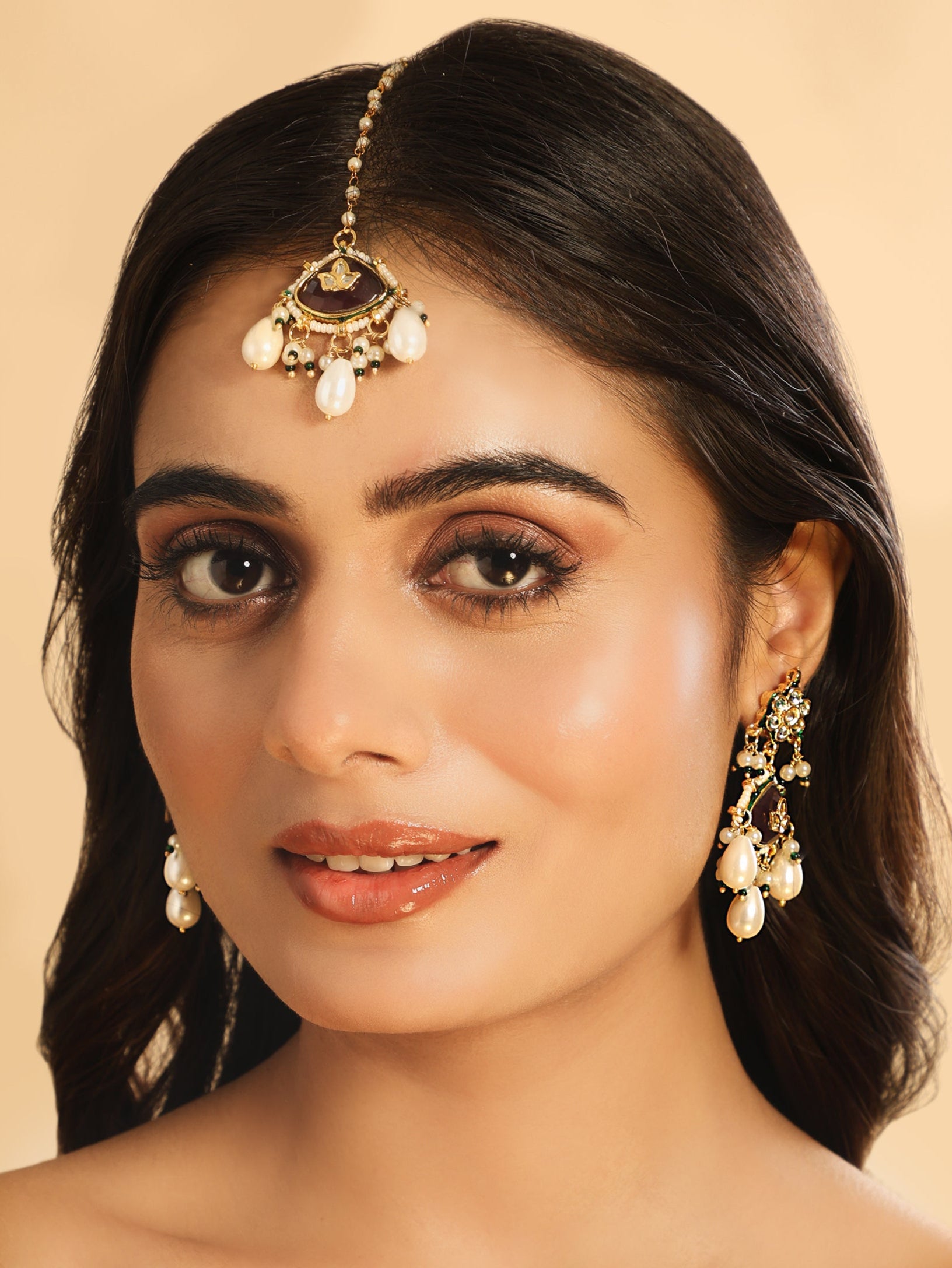 22K Gold Plated Ruby Grace Maang Tikka & Earrings Set