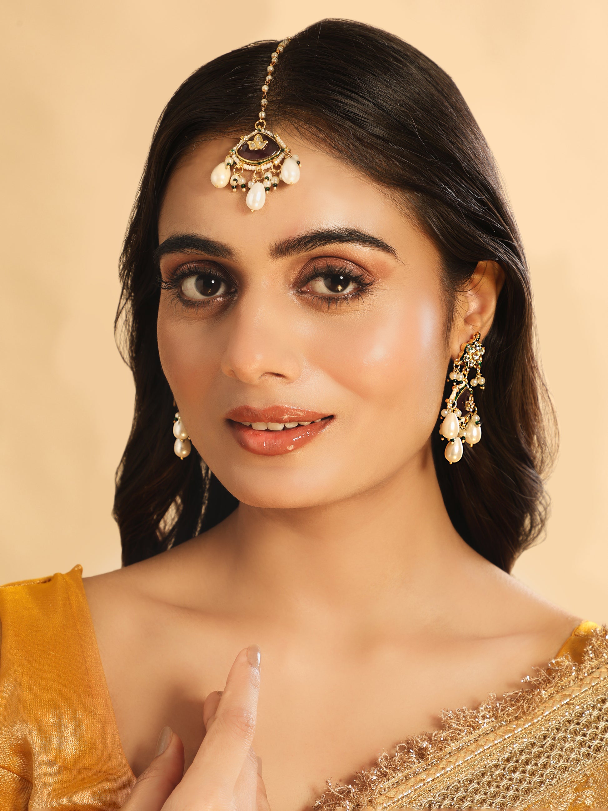 22K Gold Plated Ruby Grace Maang Tikka & Earrings Set