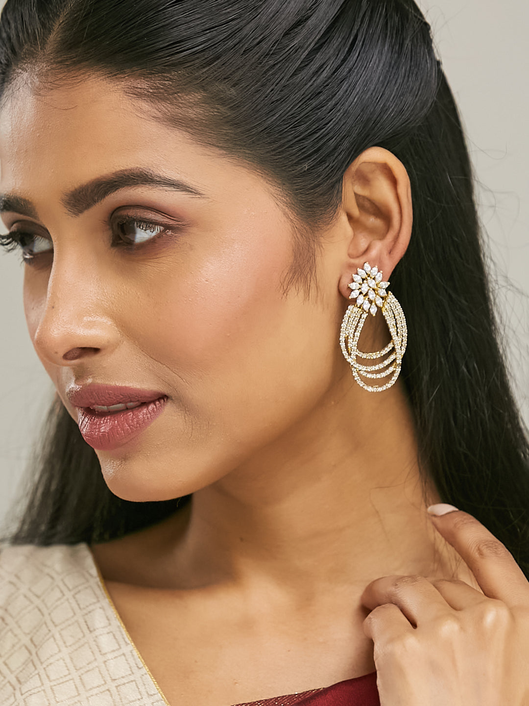 22K Gold-Plated Floral Motif Zircon Stone Studded Teardrop Shaped Elegant Drop Dangler Earrings