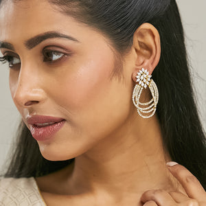 22K Gold-Plated Floral Motif Zircon Stone Studded Teardrop Shaped Elegant Drop Dangler Earrings