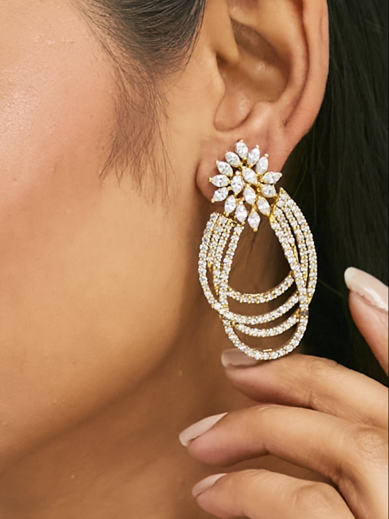 22K Gold-Plated Floral Motif Zircon Stone Studded Teardrop Shaped Elegant Drop Dangler Earrings