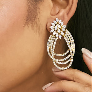 22K Gold-Plated Floral Motif Zircon Stone Studded Teardrop Shaped Elegant Drop Dangler Earrings