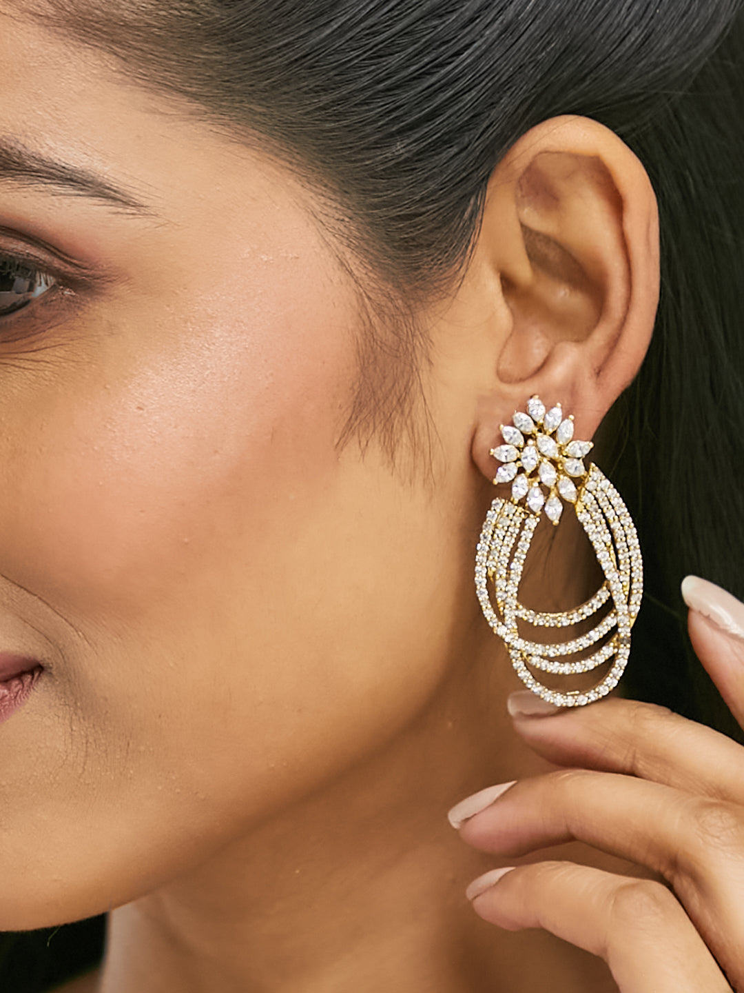 22K Gold-Plated Floral Motif Zircon Stone Studded Teardrop Shaped Elegant Drop Dangler Earrings