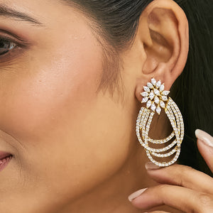22K Gold-Plated Floral Motif Zircon Stone Studded Teardrop Shaped Elegant Drop Dangler Earrings