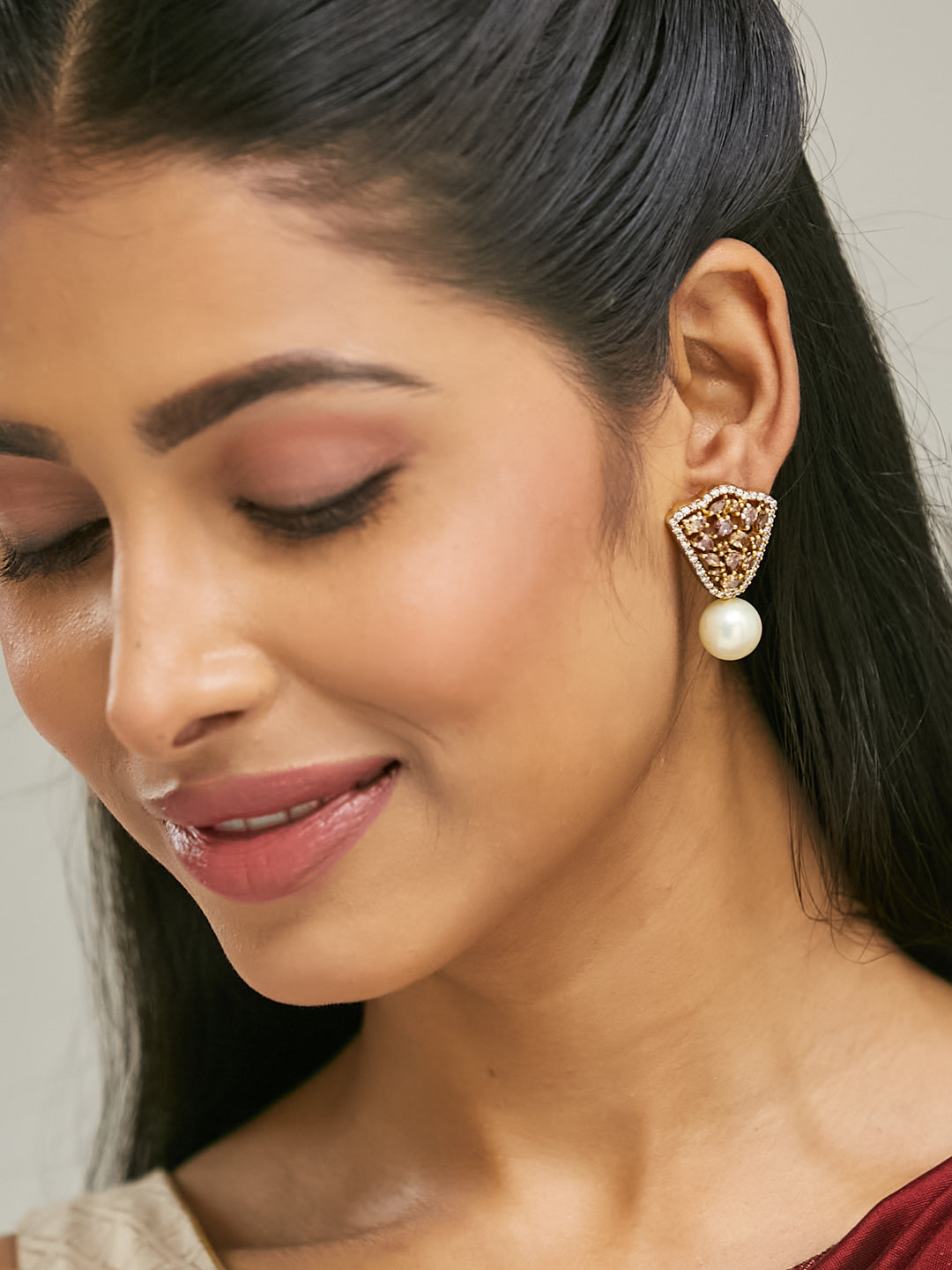 22K Gold-Plated Elegant Zircon Stone Studded & Pearls Drop Stud Earrings