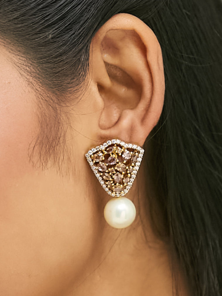 22K Gold-Plated Elegant Zircon Stone Studded & Pearls Drop Stud Earrings