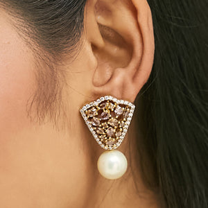 22K Gold-Plated Elegant Zircon Stone Studded & Pearls Drop Stud Earrings