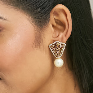 22K Gold-Plated Elegant Zircon Stone Studded & Pearls Drop Stud Earrings