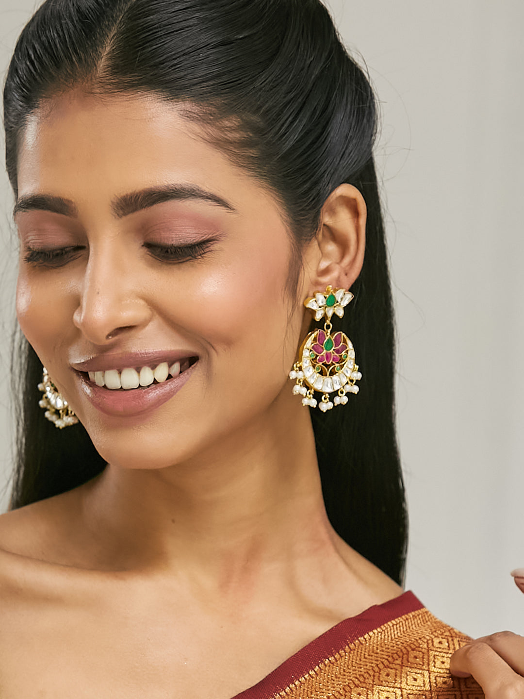 22K Gold-Plated Exquisite Kundan Stone Studded & Pearl Beaded Floral Traditional Chandbalis