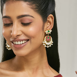 22K Gold-Plated Exquisite Kundan Stone Studded & Pearl Beaded Floral Traditional Chandbalis