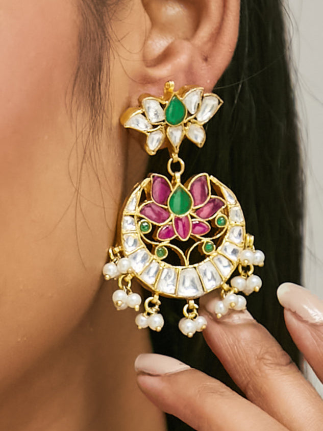 22K Gold-Plated Exquisite Kundan Stone Studded & Pearl Beaded Floral Traditional Chandbalis