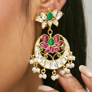 22K Gold-Plated Exquisite Kundan Stone Studded & Pearl Beaded Floral Traditional Chandbalis
