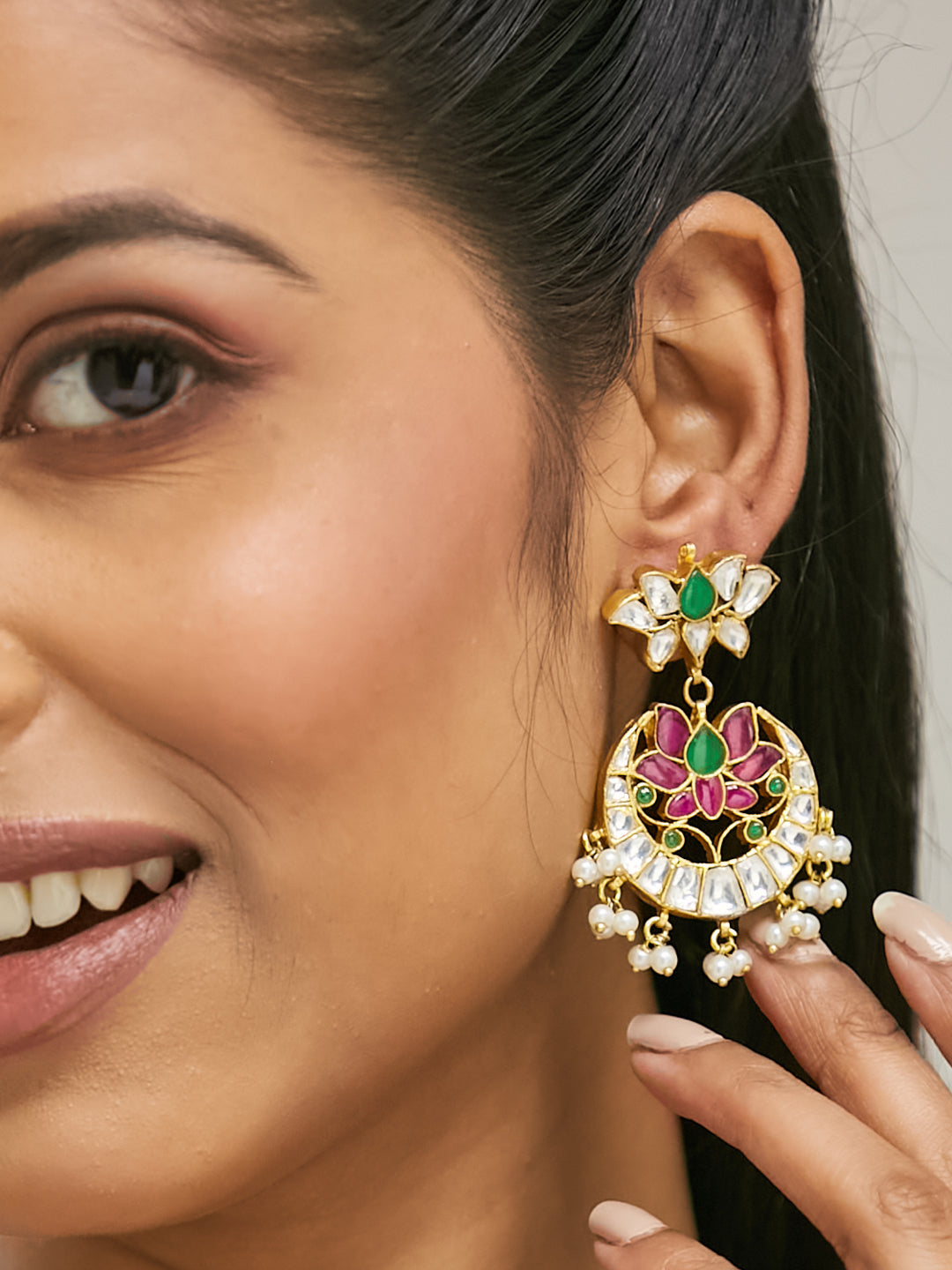22K Gold-Plated Exquisite Kundan Stone Studded & Pearl Beaded Floral Traditional Chandbalis