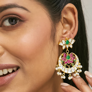 22K Gold-Plated Exquisite Kundan Stone Studded & Pearl Beaded Floral Traditional Chandbalis