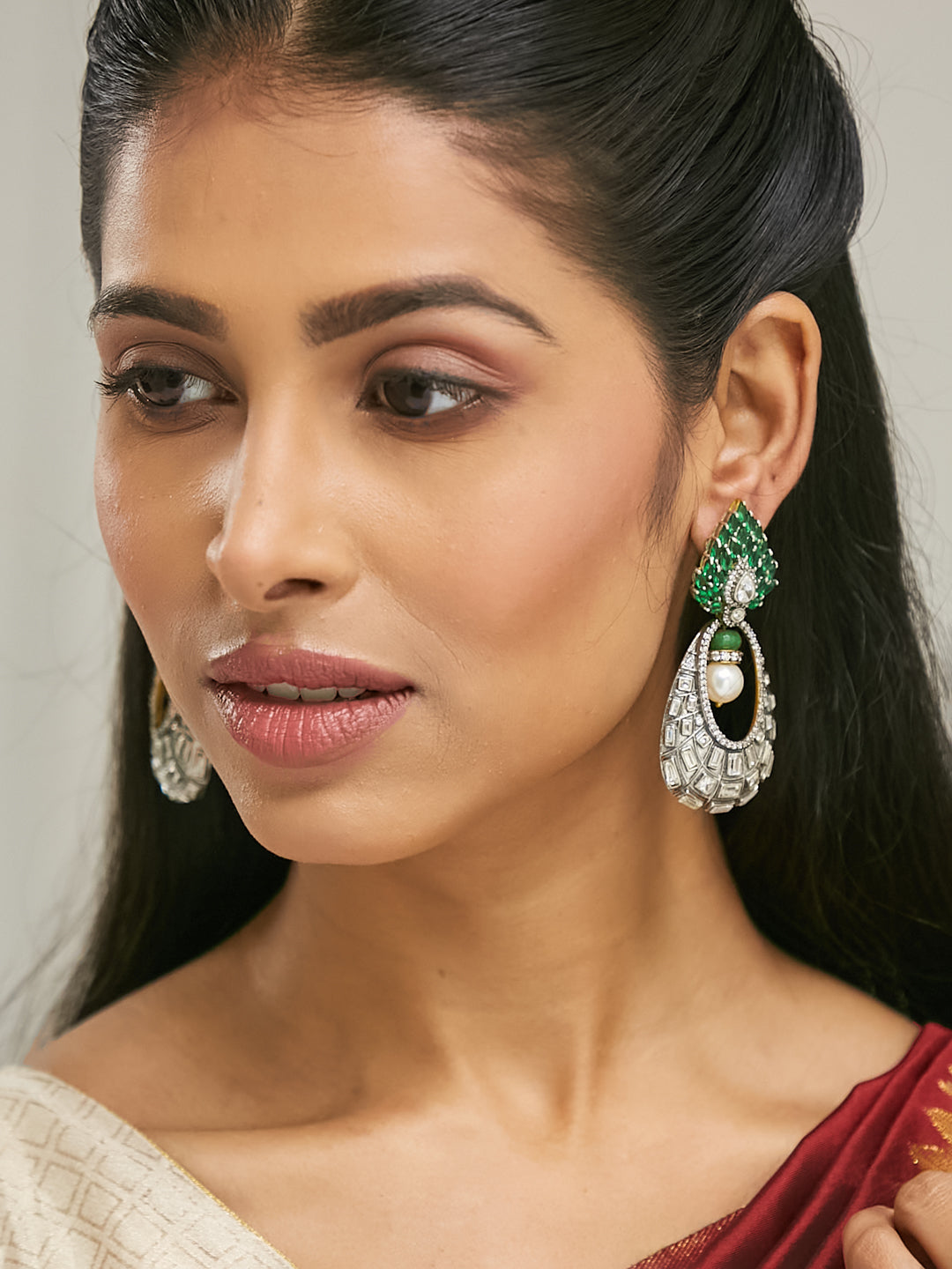 22K Gold-Plated Zircon Studded & Pearl Teardrop Shaped Dangler Earrings