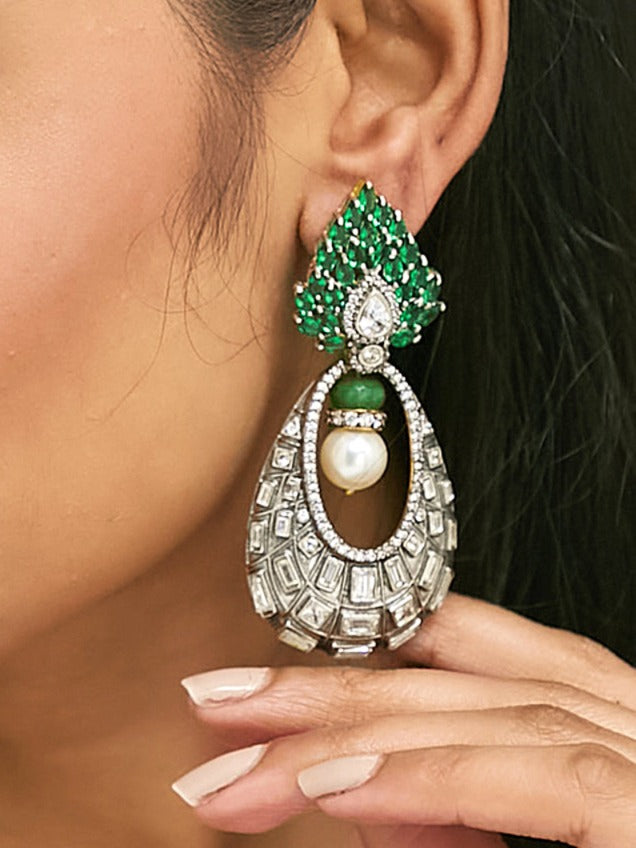 22K Gold-Plated Zircon Studded & Pearl Teardrop Shaped Dangler Earrings