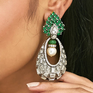 22K Gold-Plated Zircon Studded & Pearl Teardrop Shaped Dangler Earrings