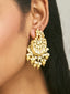 22K Gold-Plated Kundan Stone Studded & Pearl Drop Beaded Crescent Shaped Chandbalis