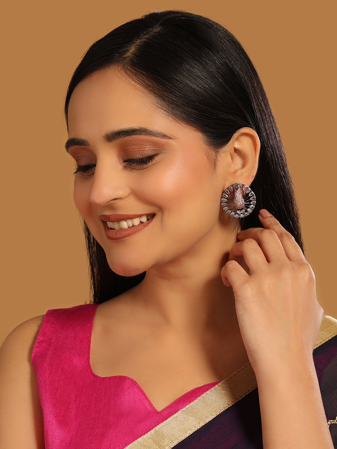 Rhodium-Plated Zircon Studded Contemporary Peacock Stud Earrings