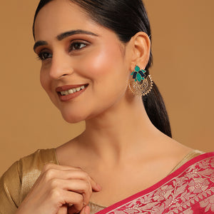 22K Gold Plated Turquoise Enamel Studded Indo-Western Floral Jali Statement Stud Earrings