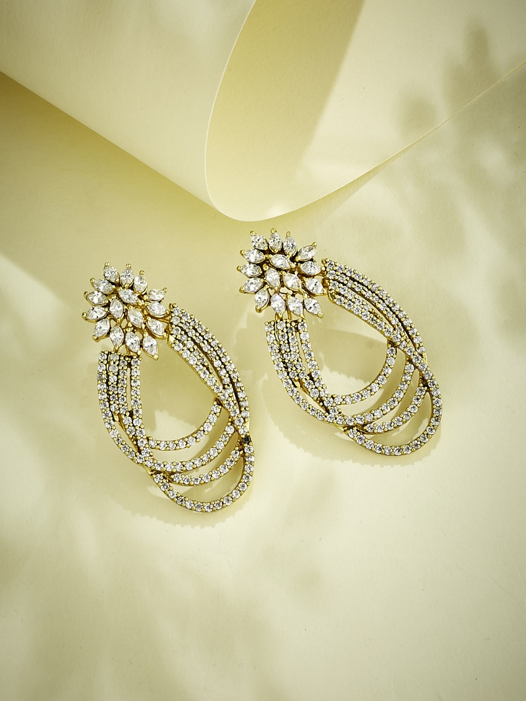 22K Gold-Plated Floral Motif Zircon Stone Studded Teardrop Shaped Elegant Drop Dangler Earrings