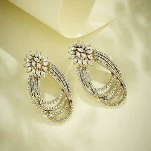 22K Gold-Plated Floral Motif Zircon Stone Studded Teardrop Shaped Elegant Drop Dangler Earrings