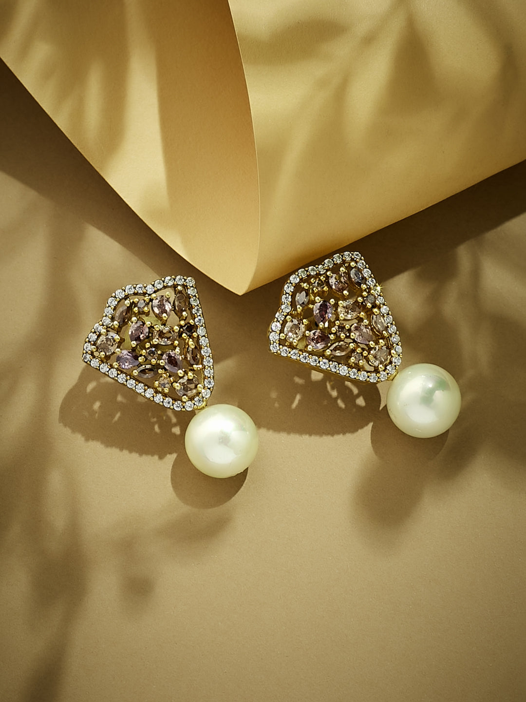 22K Gold-Plated Elegant Zircon Stone Studded & Pearls Drop Stud Earrings