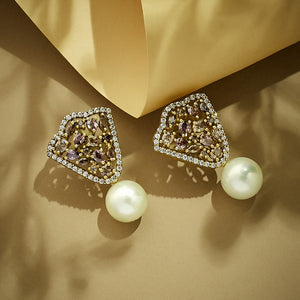 22K Gold-Plated Elegant Zircon Stone Studded & Pearls Drop Stud Earrings