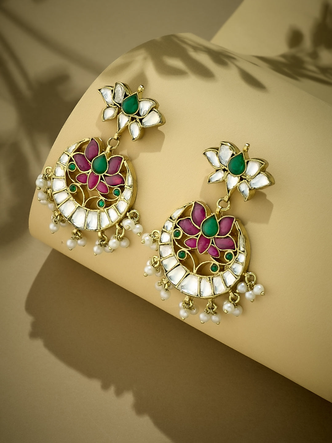 22K Gold-Plated Exquisite Kundan Stone Studded & Pearl Beaded Floral Traditional Chandbalis