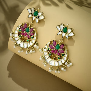 22K Gold-Plated Exquisite Kundan Stone Studded & Pearl Beaded Floral Traditional Chandbalis