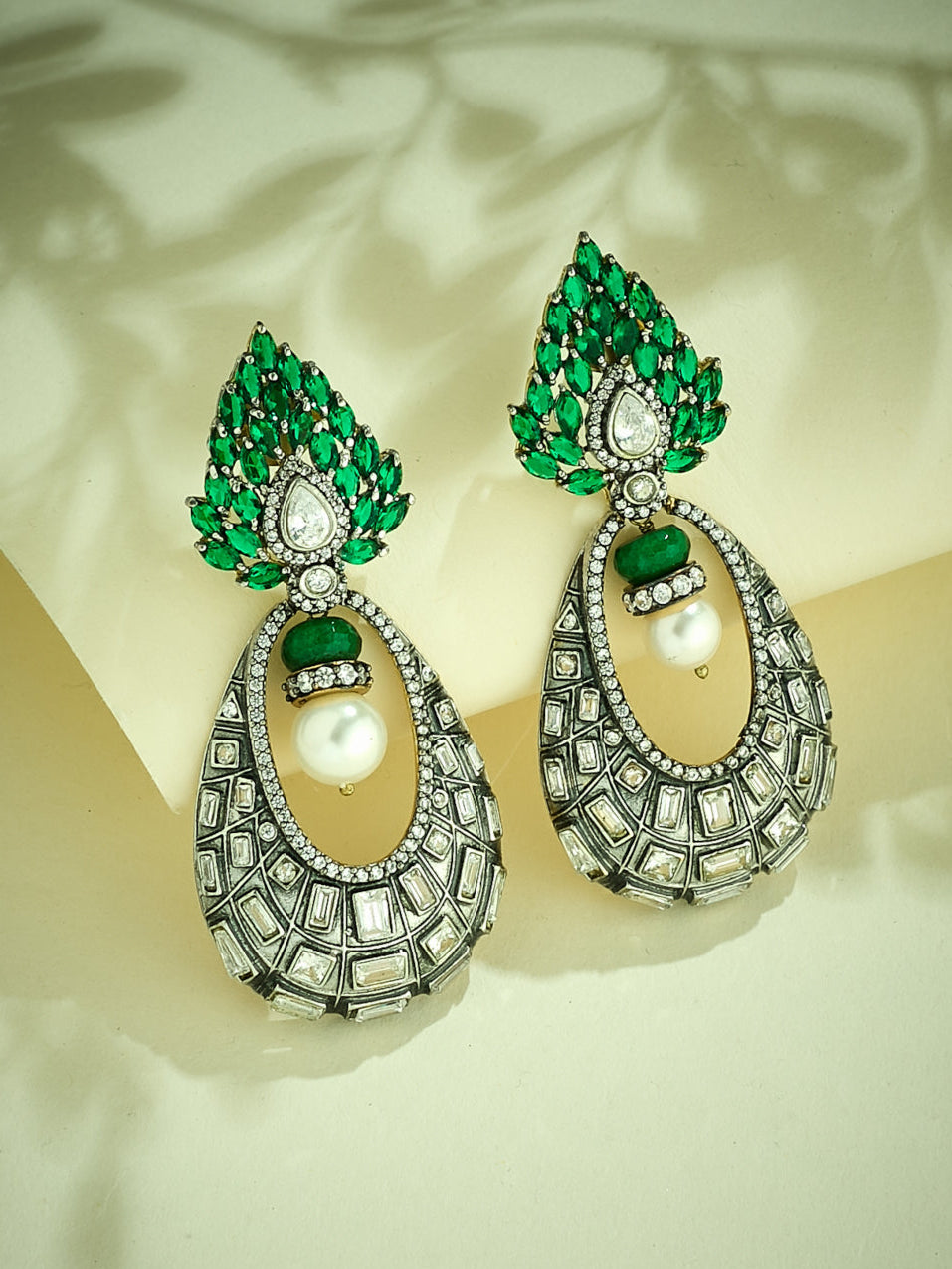 22K Gold-Plated Zircon Studded & Pearl Teardrop Shaped Dangler Earrings