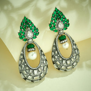 22K Gold-Plated Zircon Studded & Pearl Teardrop Shaped Dangler Earrings