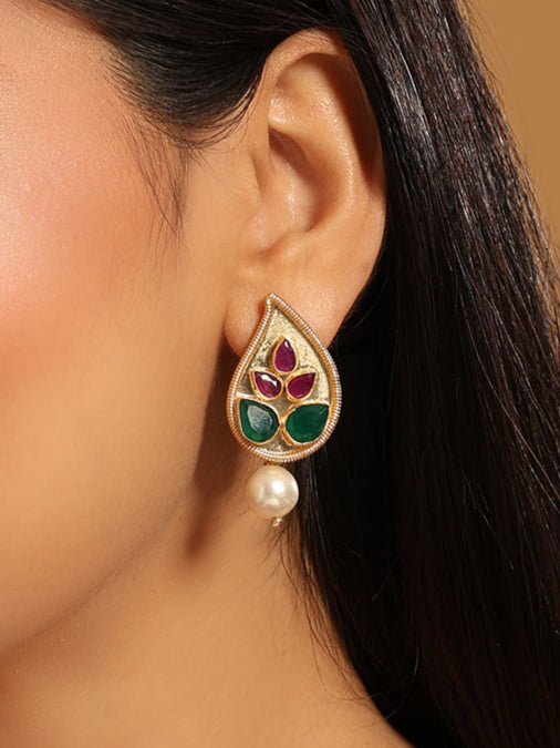 22K Gold Plated Emarald Stone Studded Contemporary Petal Shaped Pearl Drop Stud Earrings