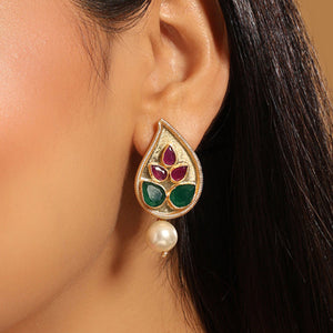 22K Gold Plated Emarald Stone Studded Contemporary Petal Shaped Pearl Drop Stud Earrings