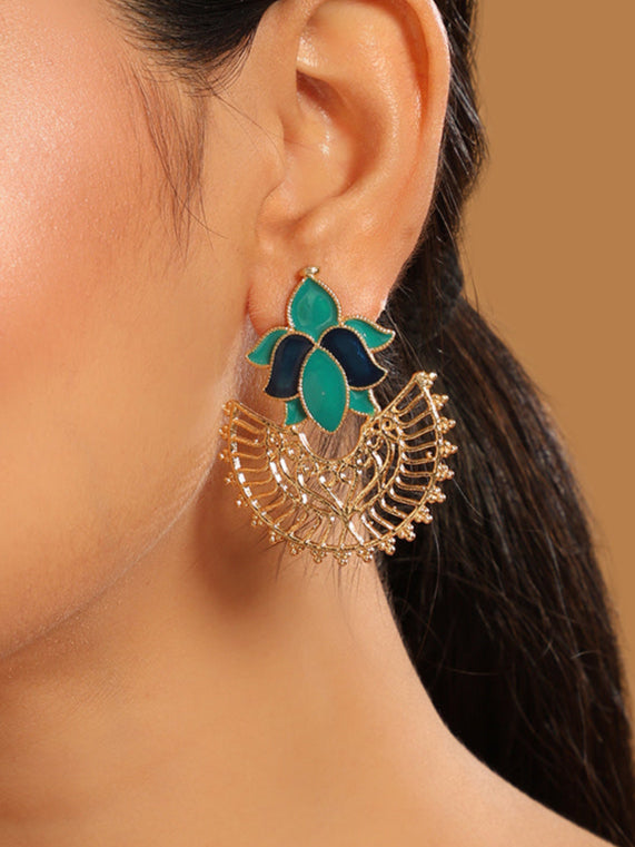 22K Gold Plated Turquoise Enamel Studded Indo-Western Floral Jali Statement Stud Earrings
