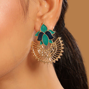 22K Gold Plated Turquoise Enamel Studded Indo-Western Floral Jali Statement Stud Earrings