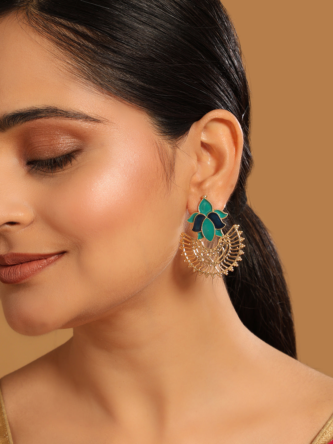 22K Gold Plated Turquoise Enamel Studded Indo-Western Floral Jali Statement Stud Earrings