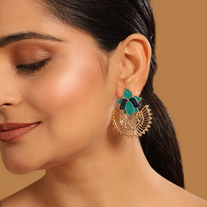 22K Gold Plated Turquoise Enamel Studded Indo-Western Floral Jali Statement Stud Earrings