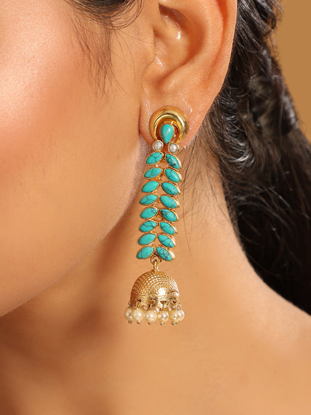 22K Gold Plated Pearl & Turquoise Stone Studded Contemporary Shaped Jhumkas