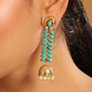22K Gold Plated Pearl & Turquoise Stone Studded Contemporary Shaped Jhumkas