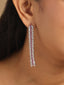 Rhodium-Plated Cubic Zirconia Studded Sleek Petal Motif Drop Cocktail Earrings